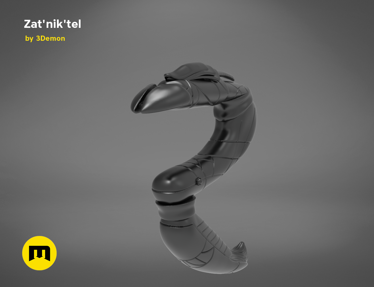3D model render of Zat'nik'tel Gun, sleek black sci-fi weapon with articulated barrel, 3D print cosplay prop