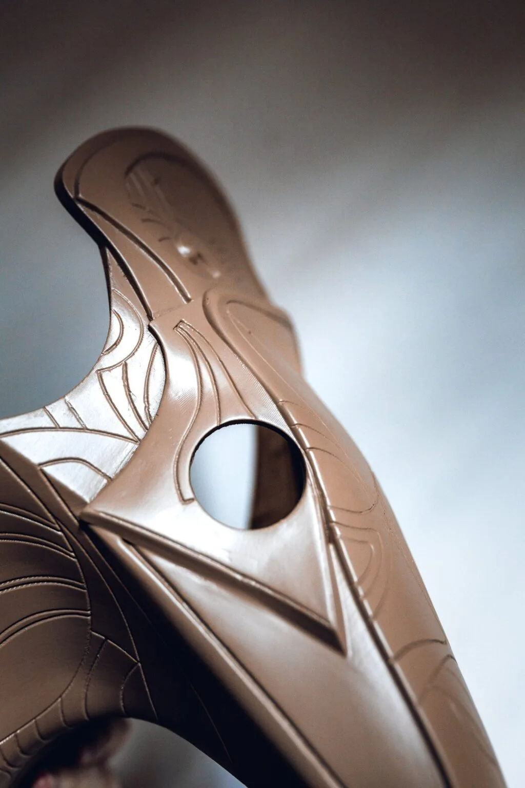 3D visualization of Horus Helmet STL, detailed side view with ornate engravings, 3D print cosplay prop