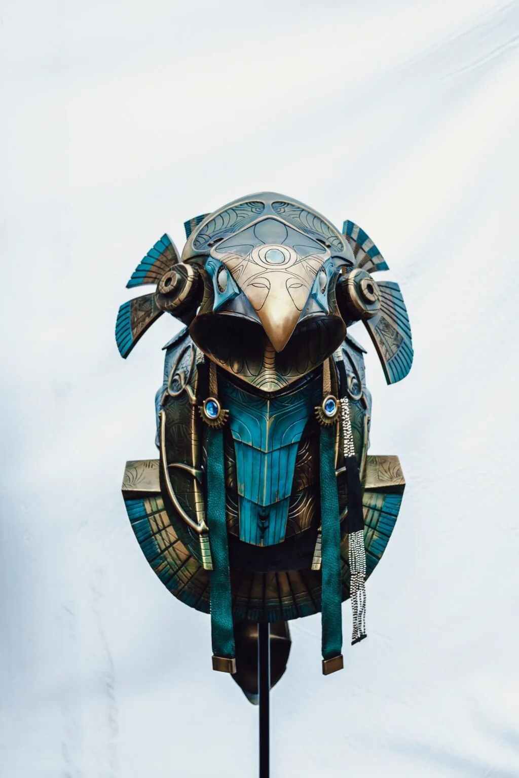 3D visualization of Horus Helmet STL, intricate blue-gold Egyptian-inspired 3D print cosplay armor