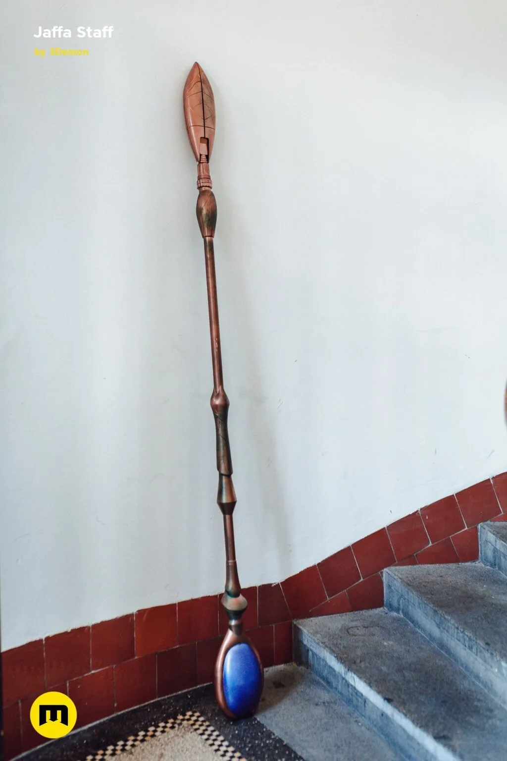 3D visualization of Ma'Tok Jaffa Staff, bronze staff with blue orb tip, fantasy cosplay prop