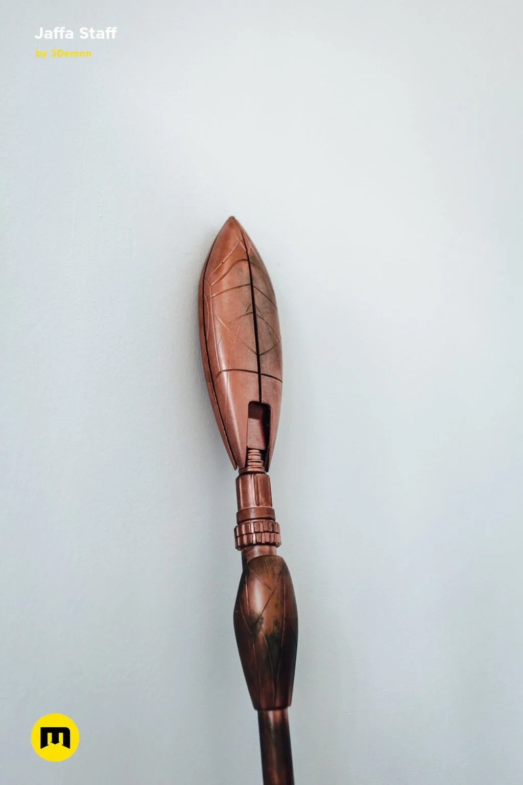 3D visualization of Ma'Tok Jaffa Staff, bronze-toned 3D print cosplay weapon with carved details