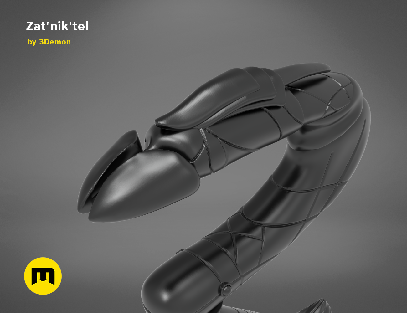 3D visualization of Zat'nik'tel Gun, futuristic sci-fi weapon with articulated joints, 3D print cosplay prop