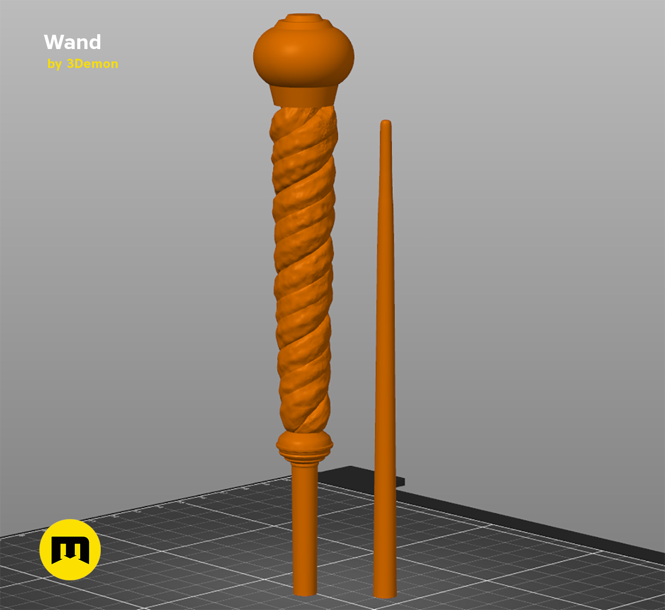 STL preview of Alecto Carrow's Wand, twisted orange 3D print cosplay prop with bulbous tip.