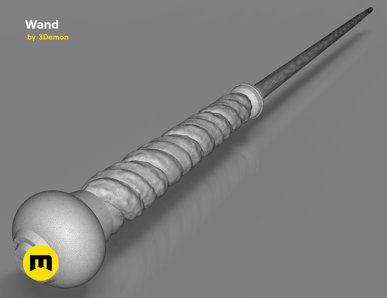 Alecto Carrow's Wand STL, textured 3D render with spiral carvings, 3D print cosplay prop