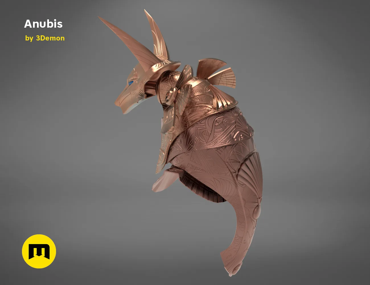 Digital 3D render of Anubis Helmet STL, front view of the design