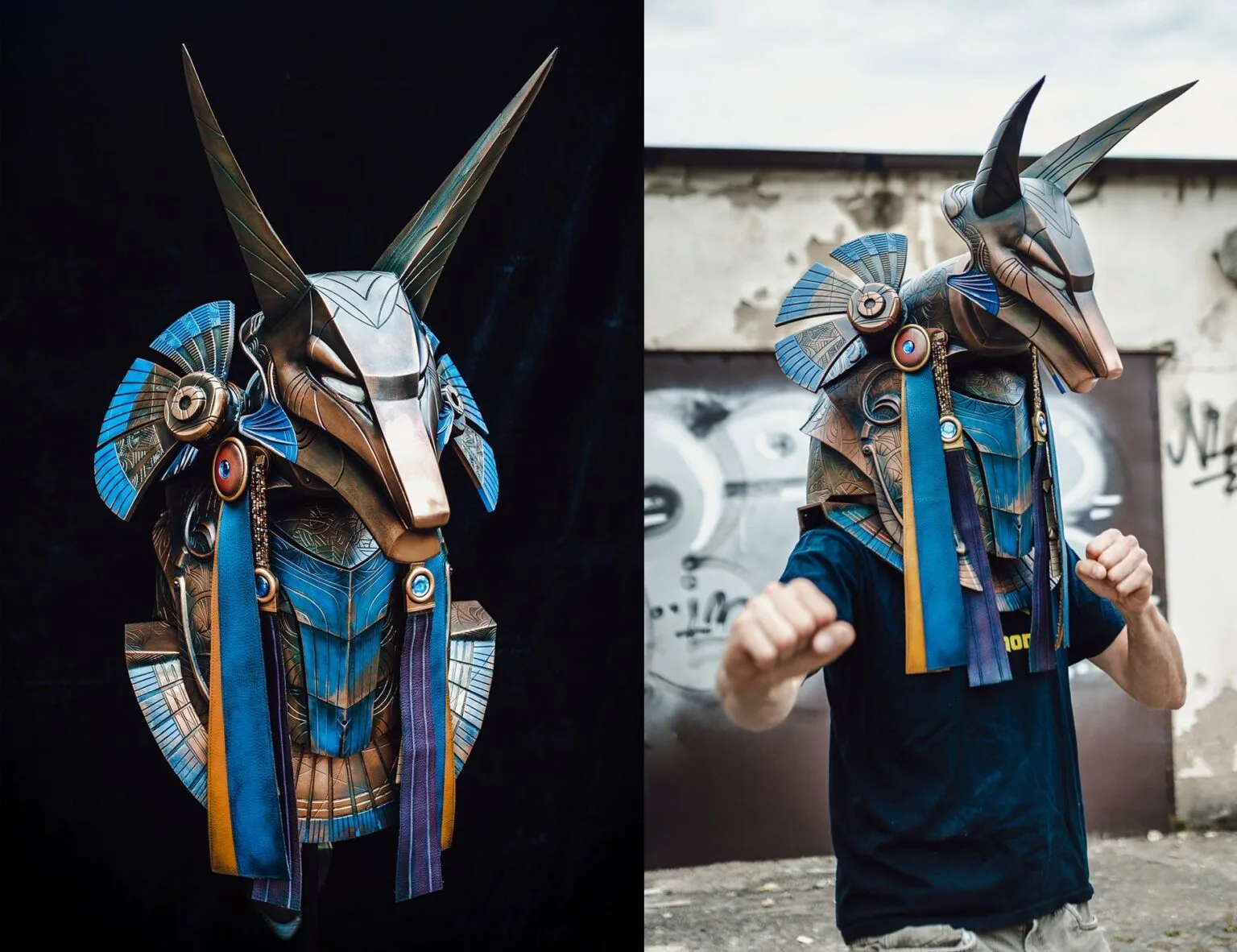 Digital 3D render of Anubis Helmet STL, front view of the design