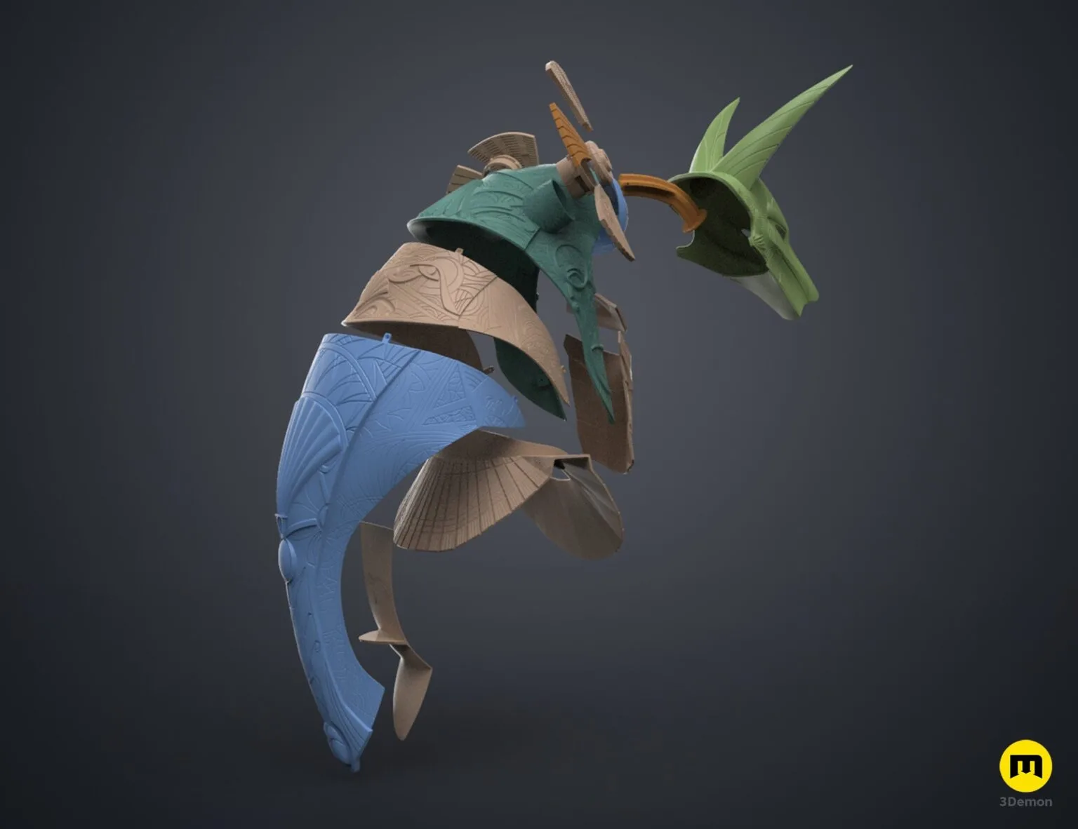 3D model render of Anubis Helmet STL, three-quarter view of the design