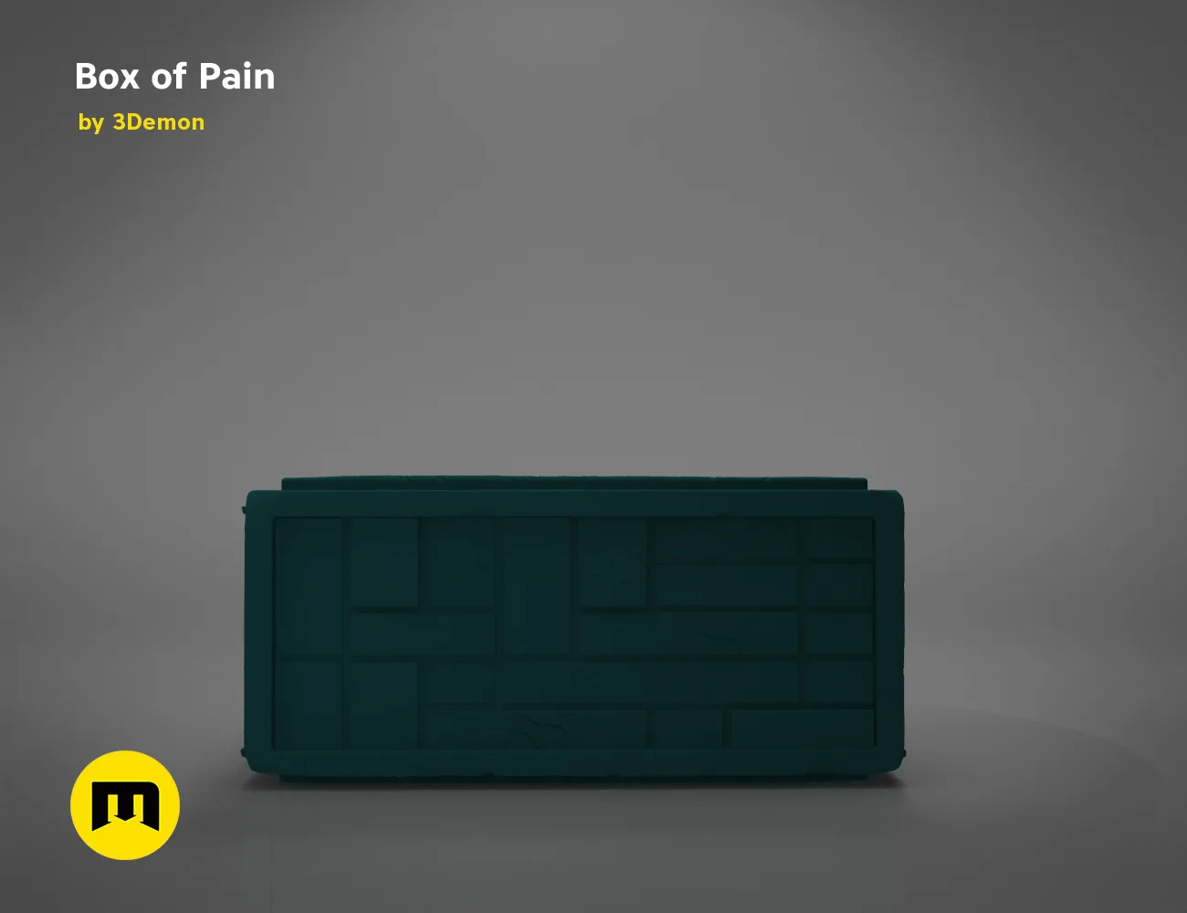 3D model render of Box of Pain STL, dark green modular storage unit, 3D print preview
