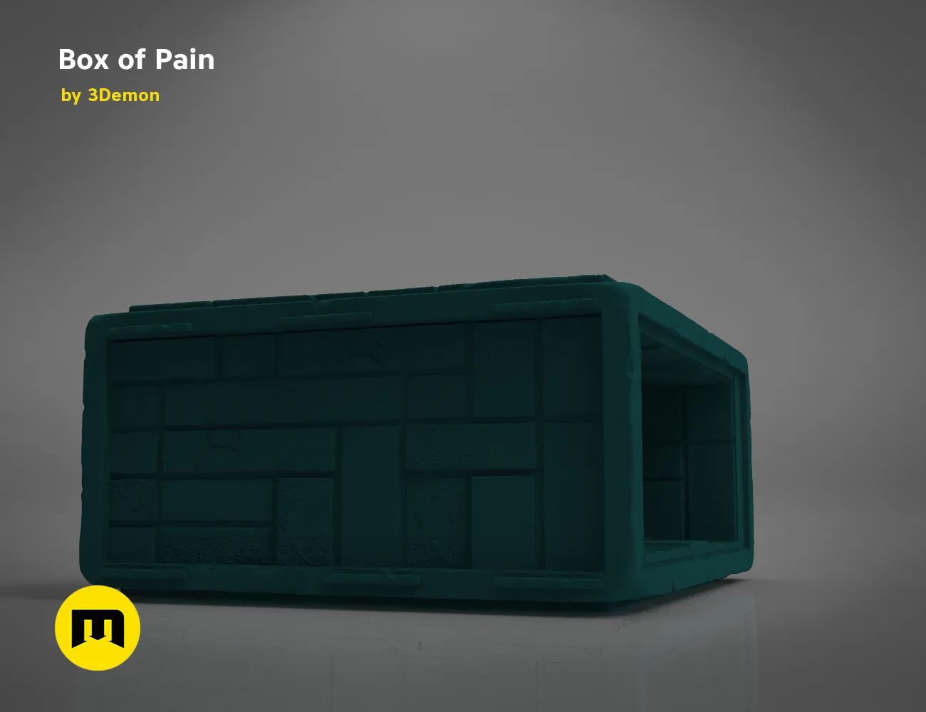 3D model render of Box of Pain STL, teal 3D print holder with grid panel design