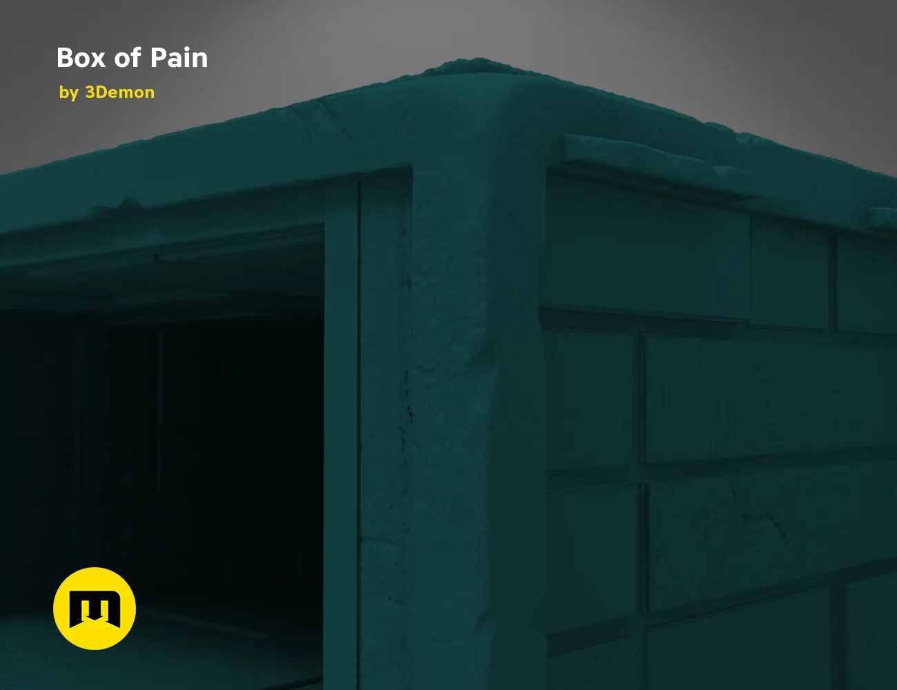 3D visualization of Box of Pain, dark green textured 3D print cosplay prop, side view