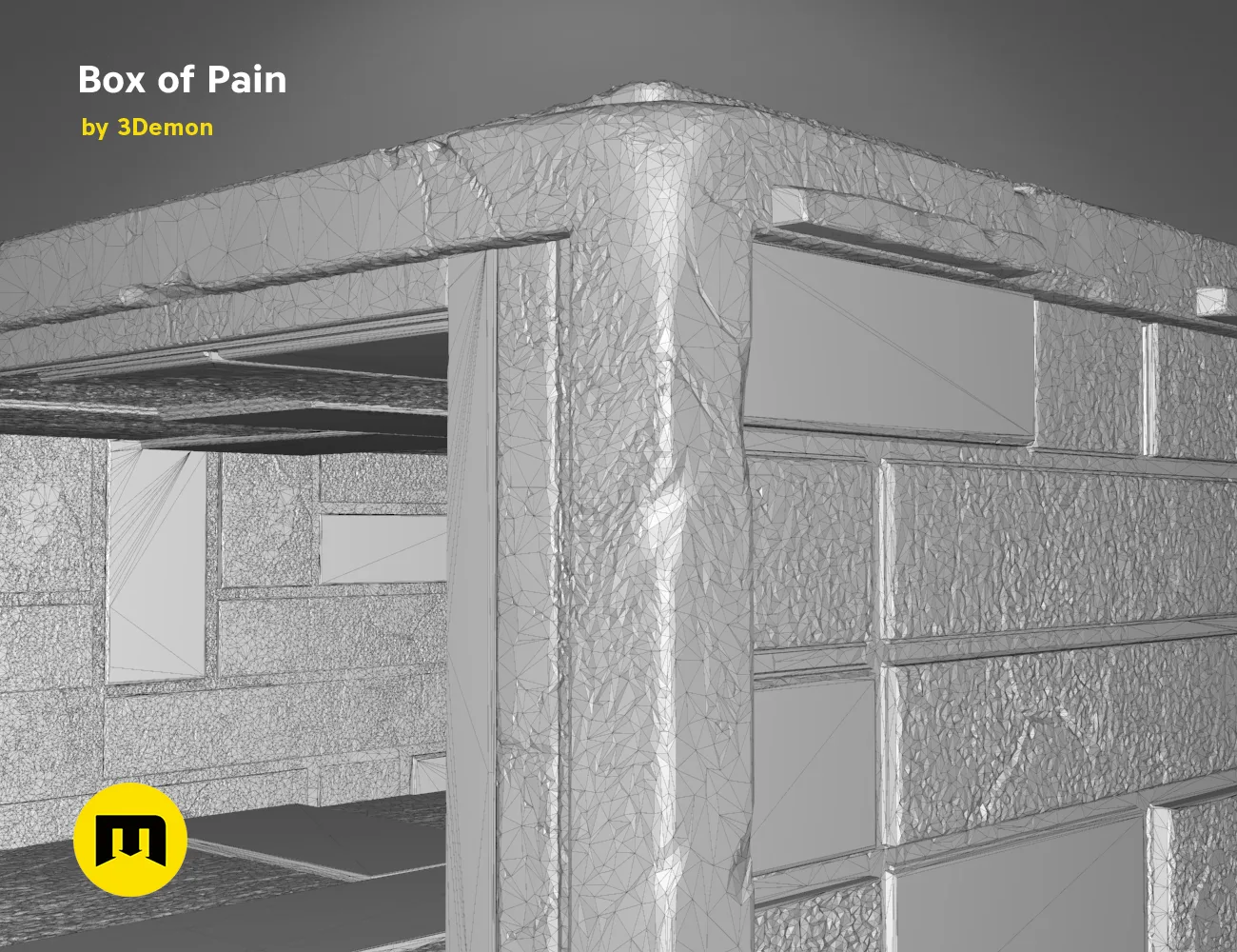 Wireframe mesh render of Box of Pain STL, side polygon structure with detailed wall mesh, 3D print