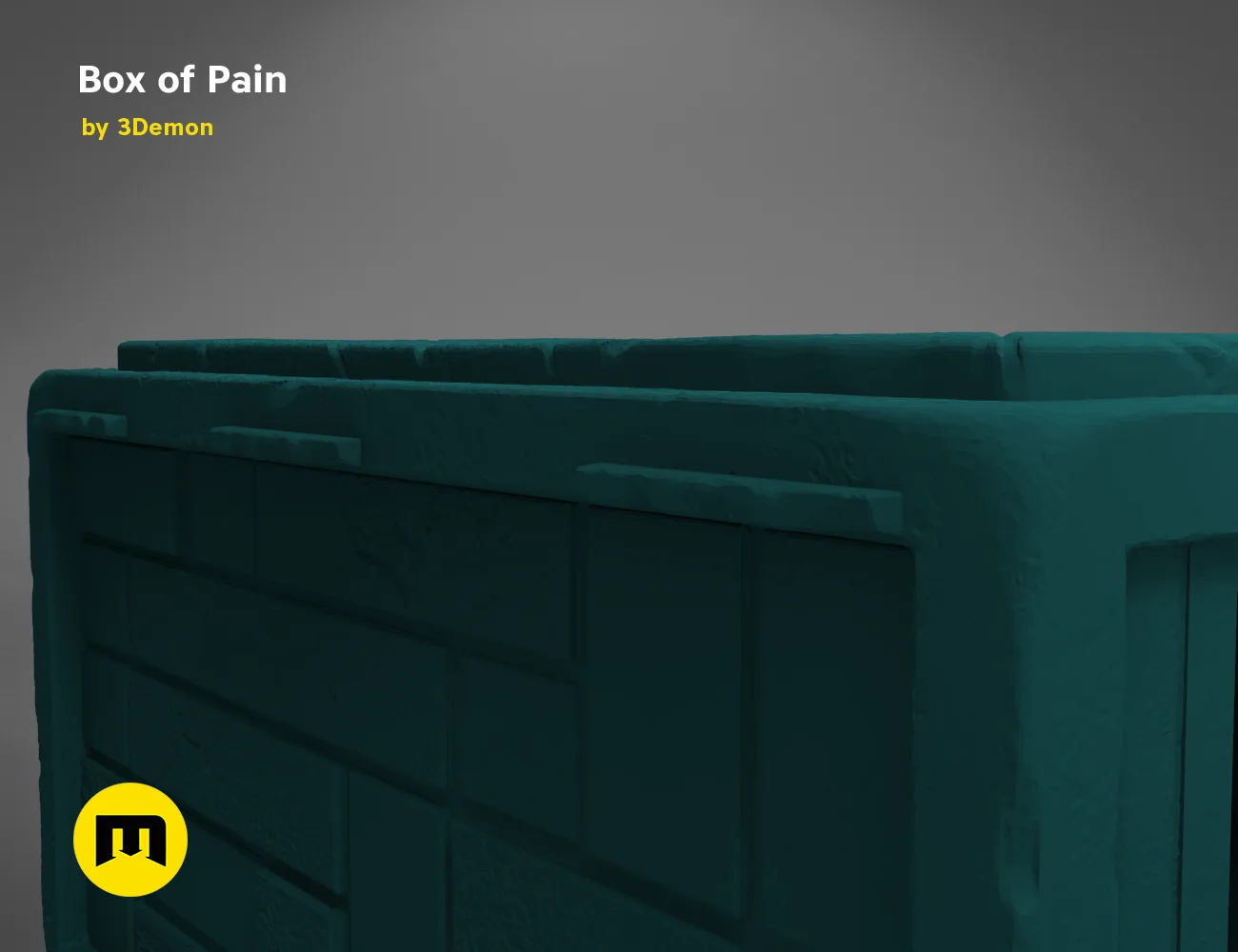 3D visualization of Box of Pain STL, teal textured 3D print holder with grid pattern