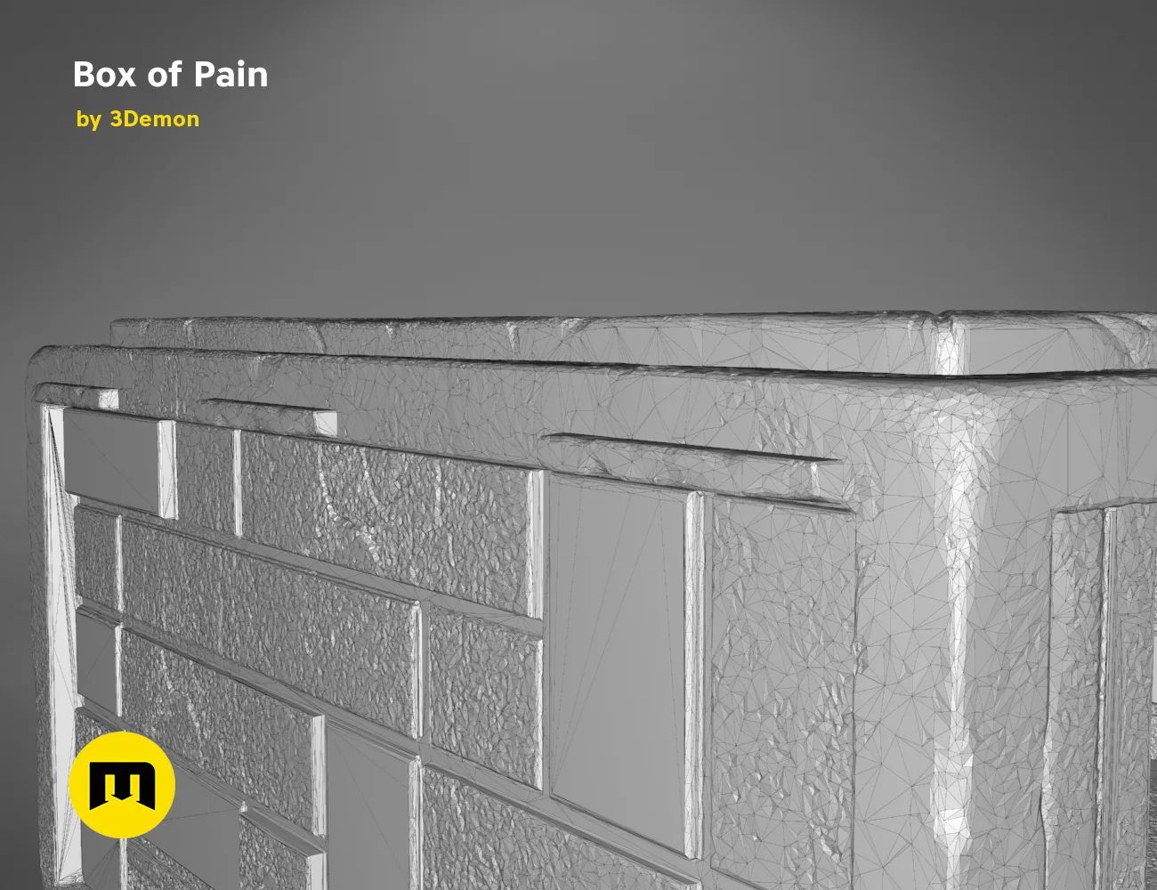 Wireframe mesh render of Box of Pain STL, detailed side polygon structure, 3D print holder