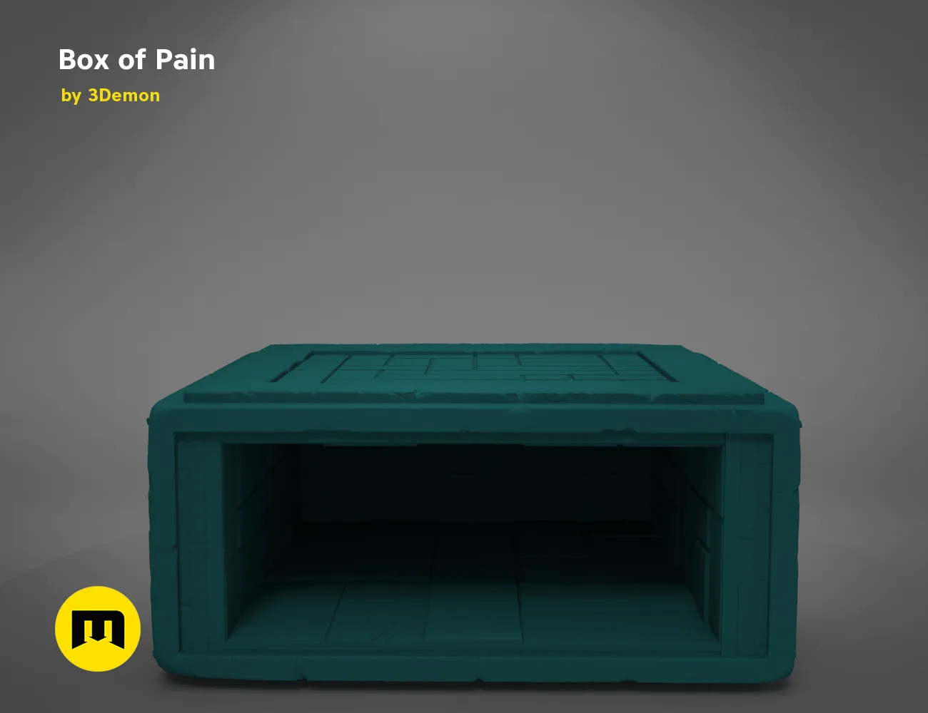 3D model render of Box of Pain, turquoise teal 3D print holder with open lid detail