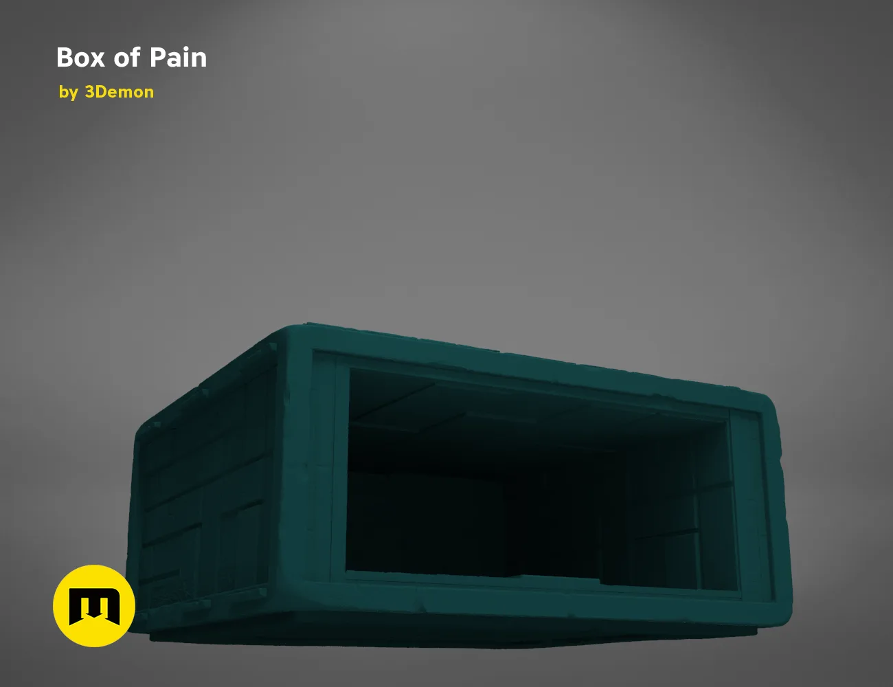 3D visualization of Box of Pain STL, teal 3D print holder with open compartment