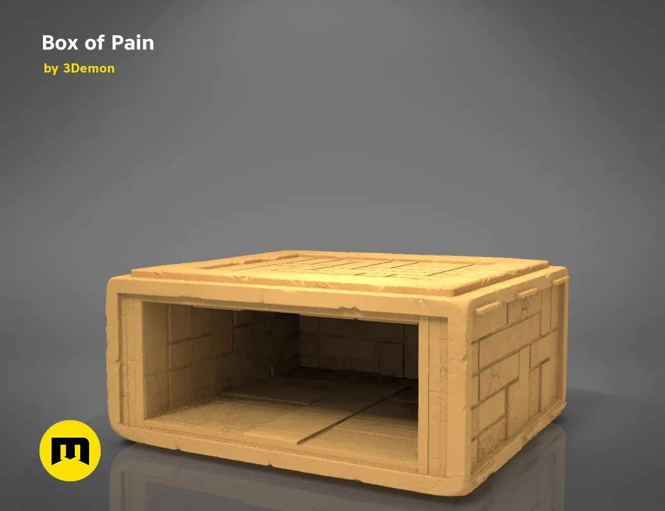 Clay render of Box of Pain 3D model, textured wooden crate with open interior, 3D print holder