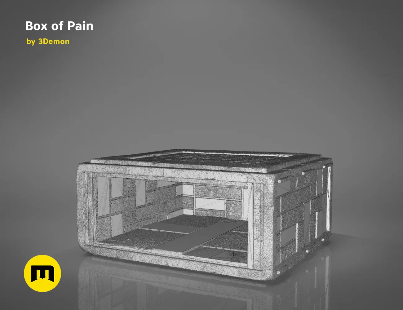 Wireframe mesh render of Box of Pain STL, detailed side mesh topology, 3D print holder