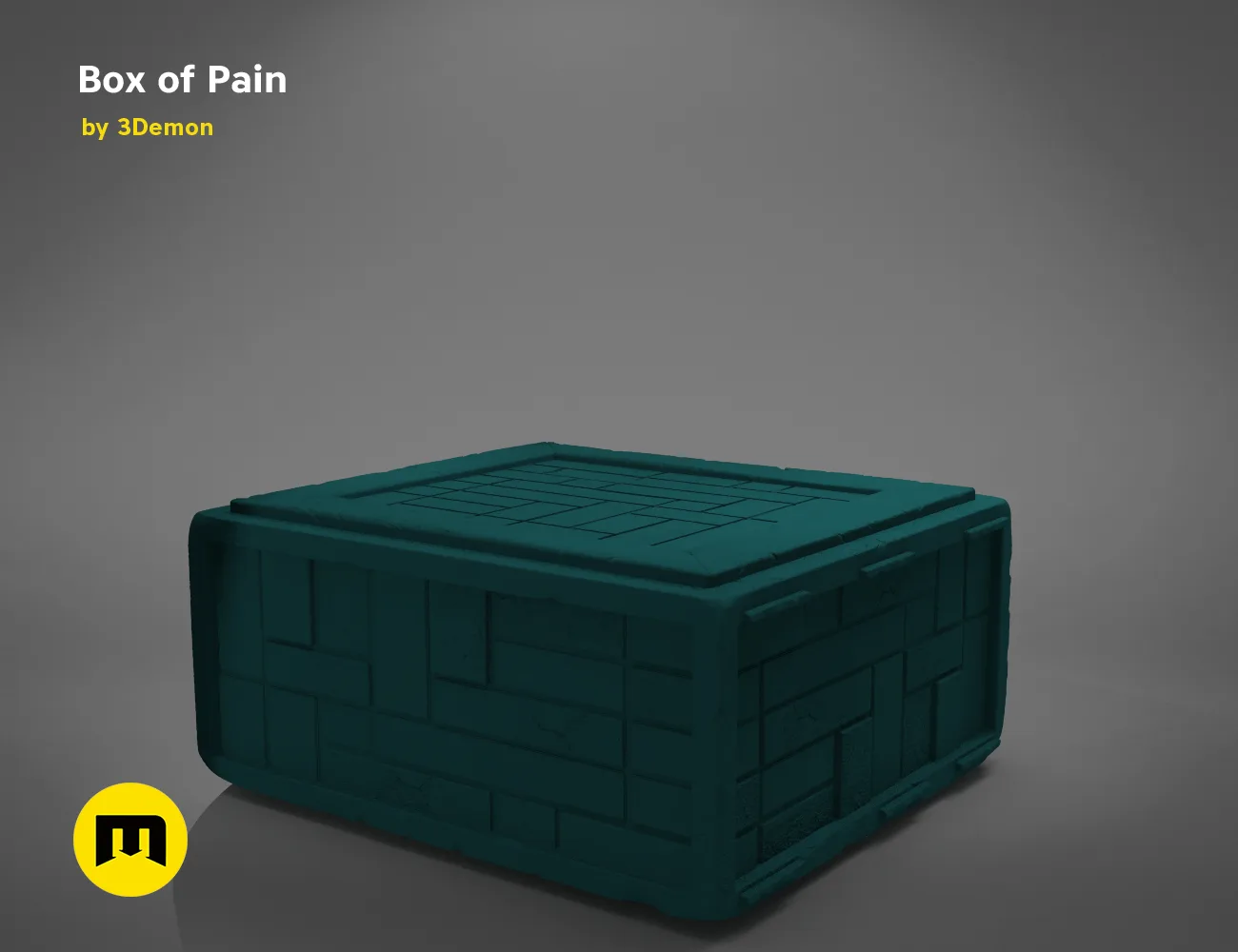 3D model render of Box of Pain, teal plastic crate with ridged texture, 3D print holder