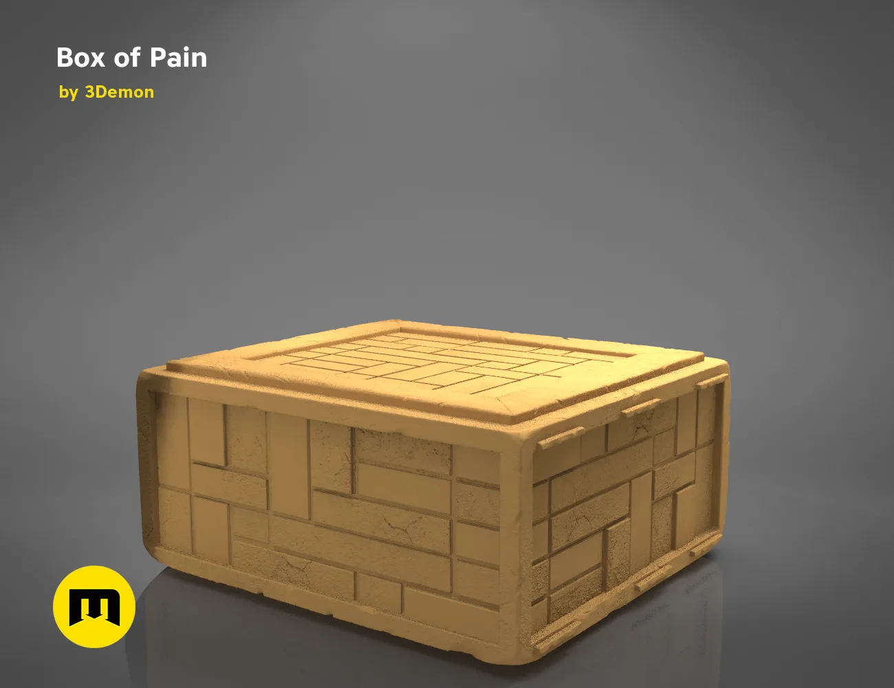 3D visualization of Box of Pain, rustic brick-style 3D print model preview