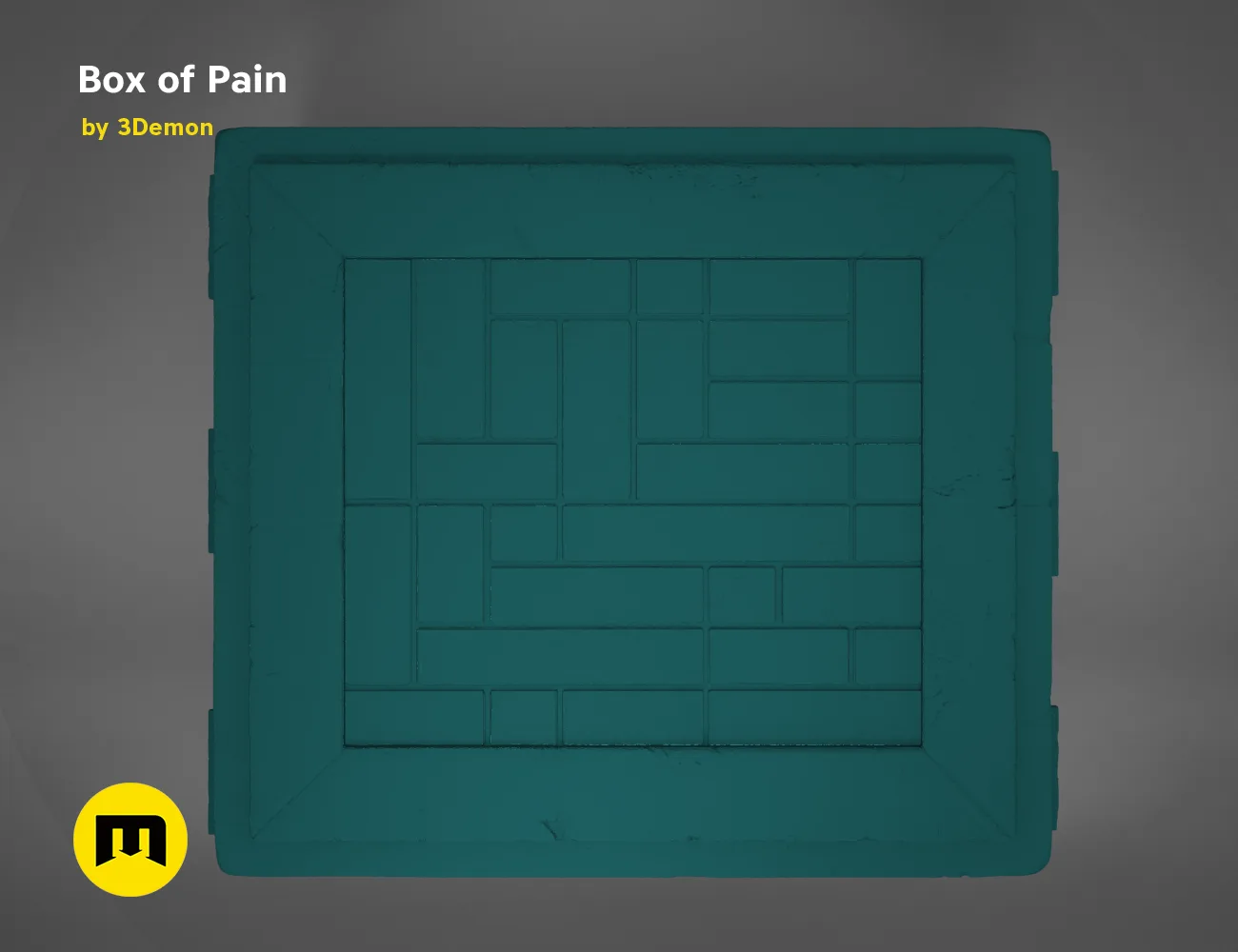 Slicer screenshot of Box of Pain STL, turquoise parts on print bed grid, 3D print preview