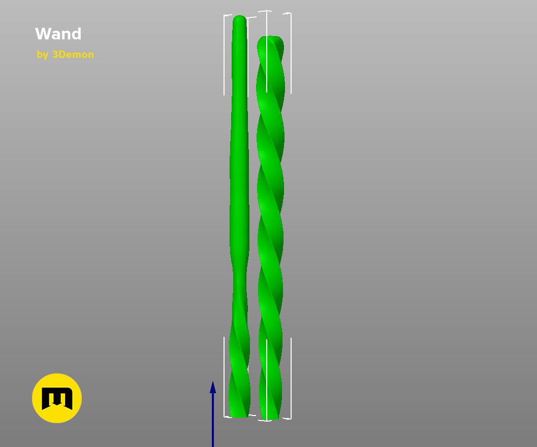 CGI render of Xenophilius Lovegood's Wand STL, twisted green 3D printed cosplay prop