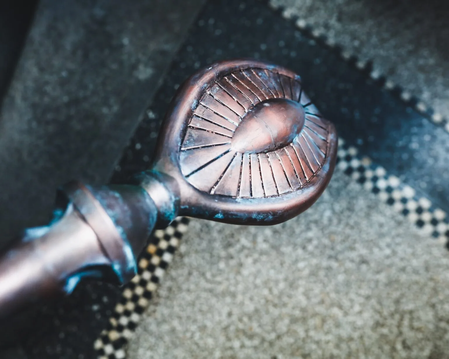 Close-up of Ma'Tok Jaffa Staff STL, spiral copper blade detail, 3D print cosplay prop