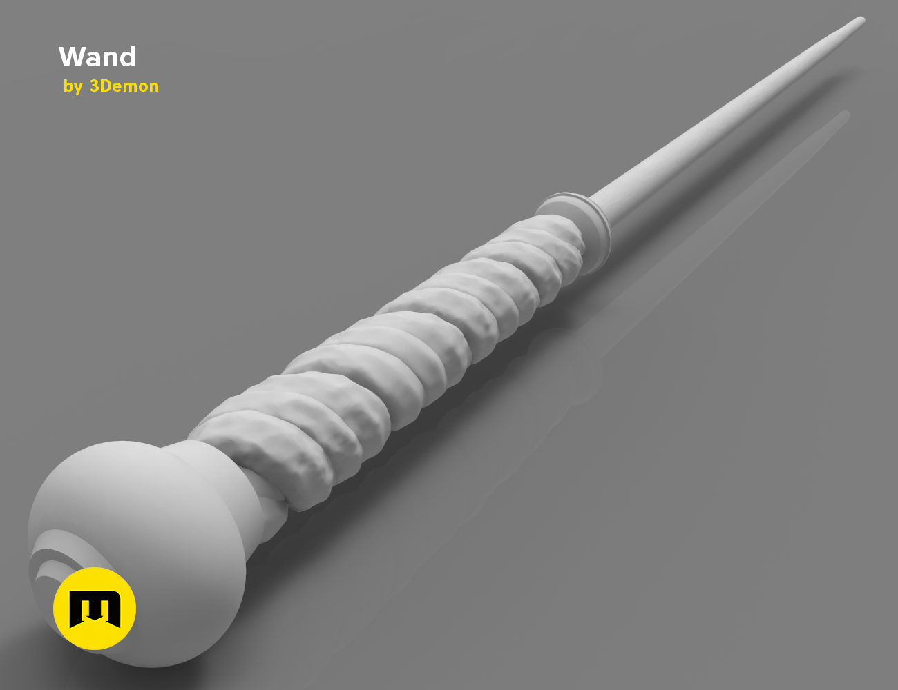 Digital 3D render of Alecto Carrow's Wand STL, textured white wand with spiral ridges, 3D print cosplay prop.