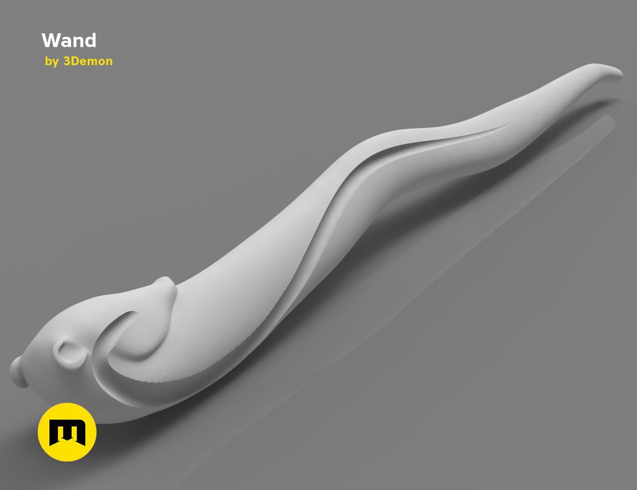 Digital 3D render of Helga Hufflepuff's Wand STL, elegant curved wand with smooth texture, 3D print cosplay prop.