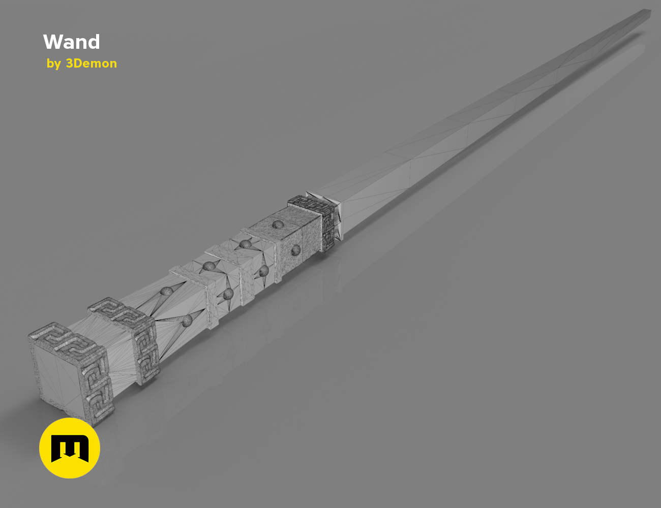 Digital 3D render of Radulph Spielman's Wand STL, segmented cosplay prop with intricate carvings, 3D print.