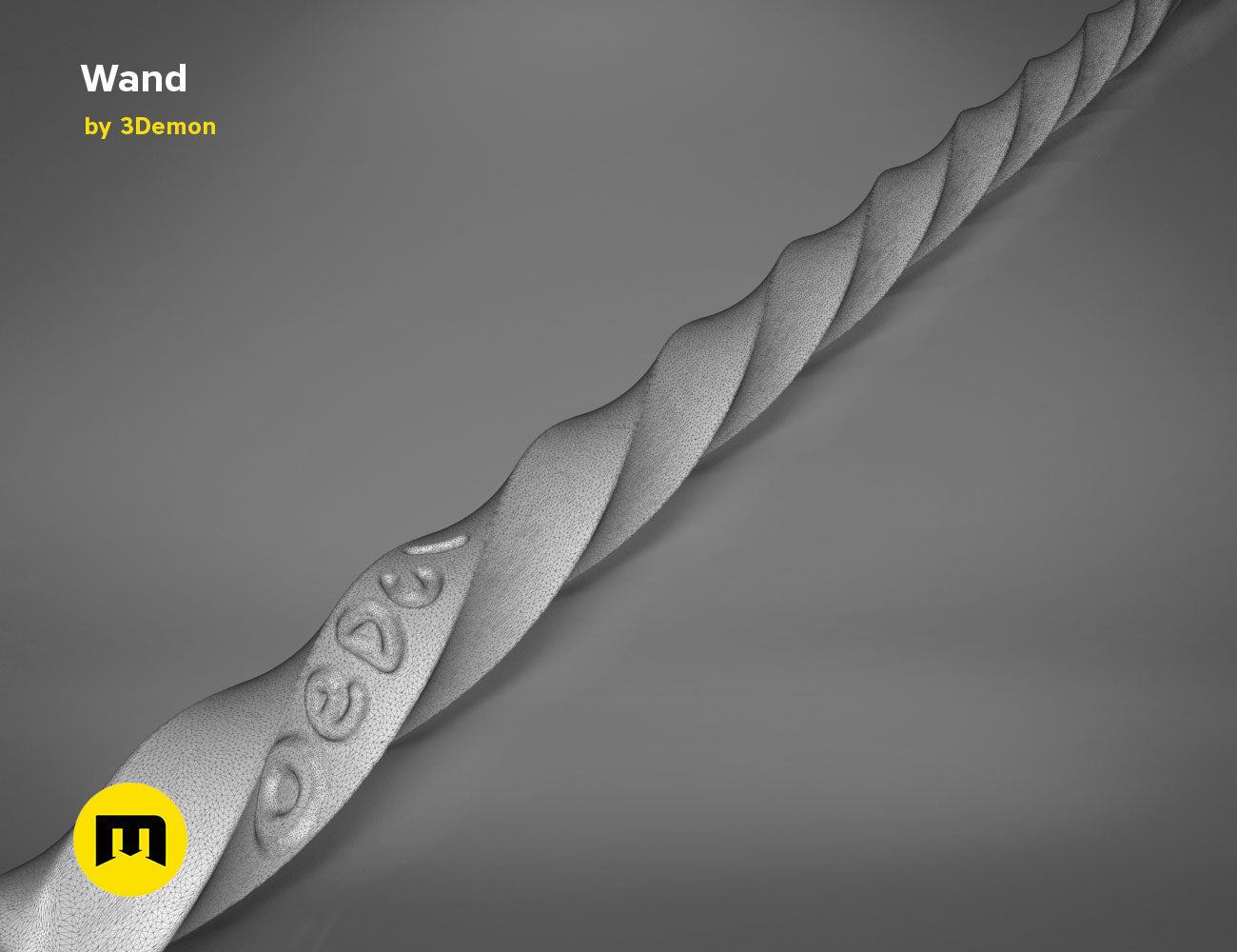Digital 3D render of Xenophilius Lovegood's Wand STL, twisted oak texture with carved symbols, 3D print cosplay prop.