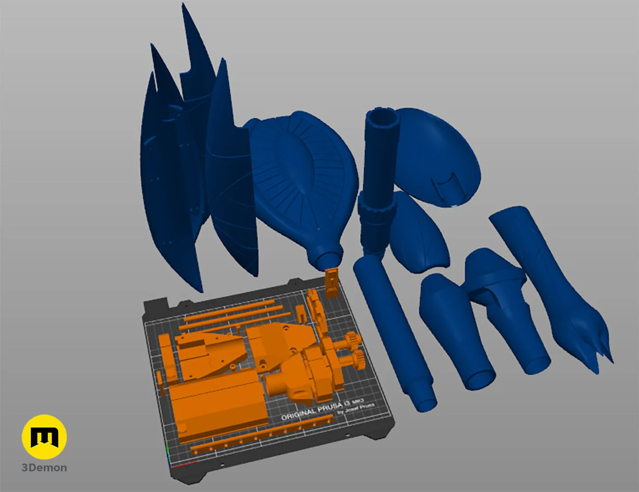 Disassembled parts of Ma'Tok Jaffa Staff, blue 3D printed weapon cosplay prop assembly guide