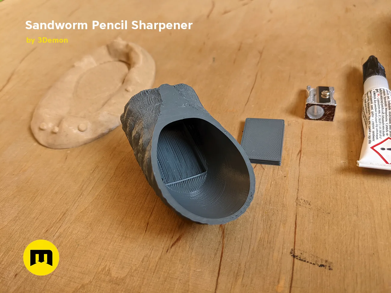 Disassembled parts of Sandworm Pencil Sharpener - Dune, 3D printed assembly guide
