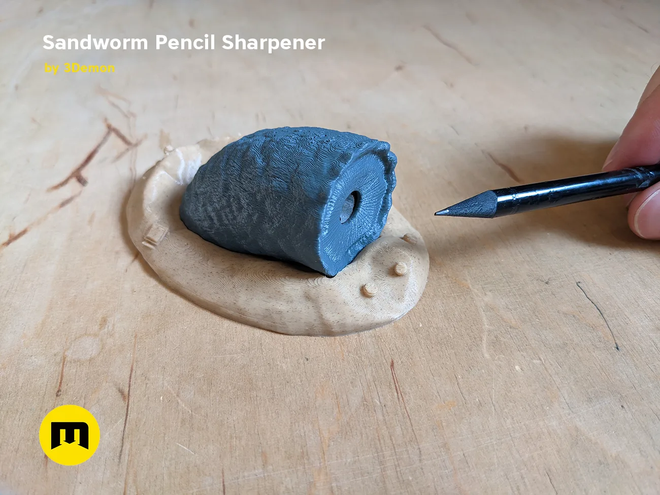 Clay render of Sandworm Pencil Sharpener - Dune, textured 3D print preview with pencil detail