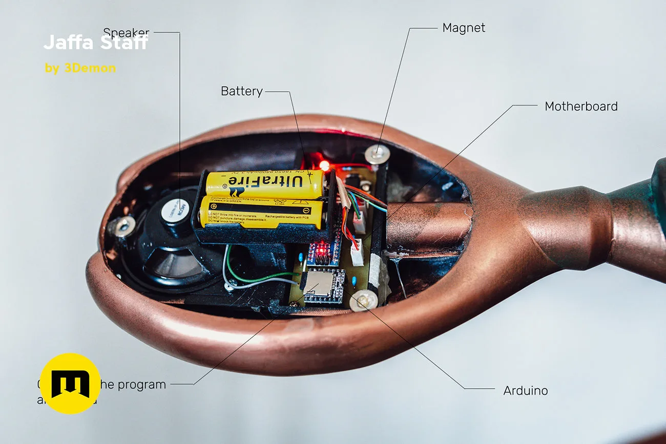 Exploded view of Ma'Tok Jaffa Staff, 3D printed with Arduino, battery, magnet, and speaker parts.