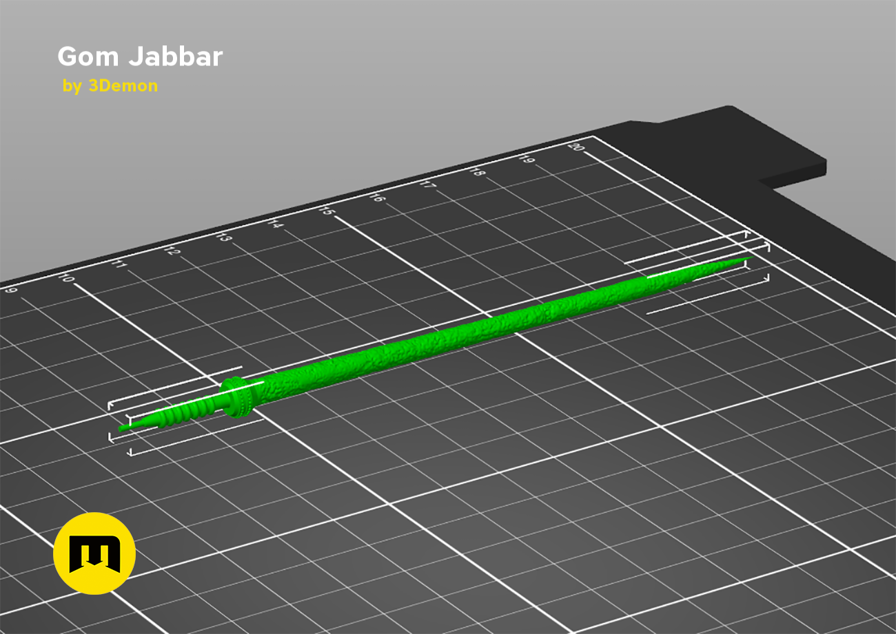 Slicer screenshot of Gom Jabbar STL, green blade on Bambu Lab print bed grid
