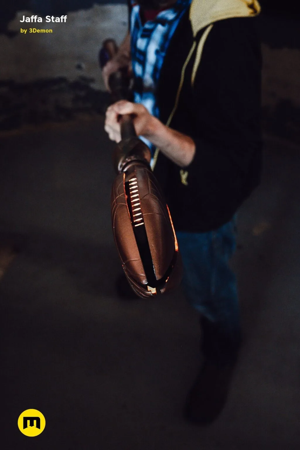 Hand photo of Ma'Tok Jaffa Staff, brown leather-textured 3D printed cosplay prop held upright