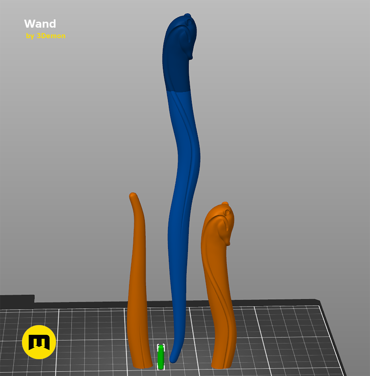 Slicer screenshot of Helga Hufflepuff's Wand STL, blue and orange parts on print bed, 3D print cosplay prop