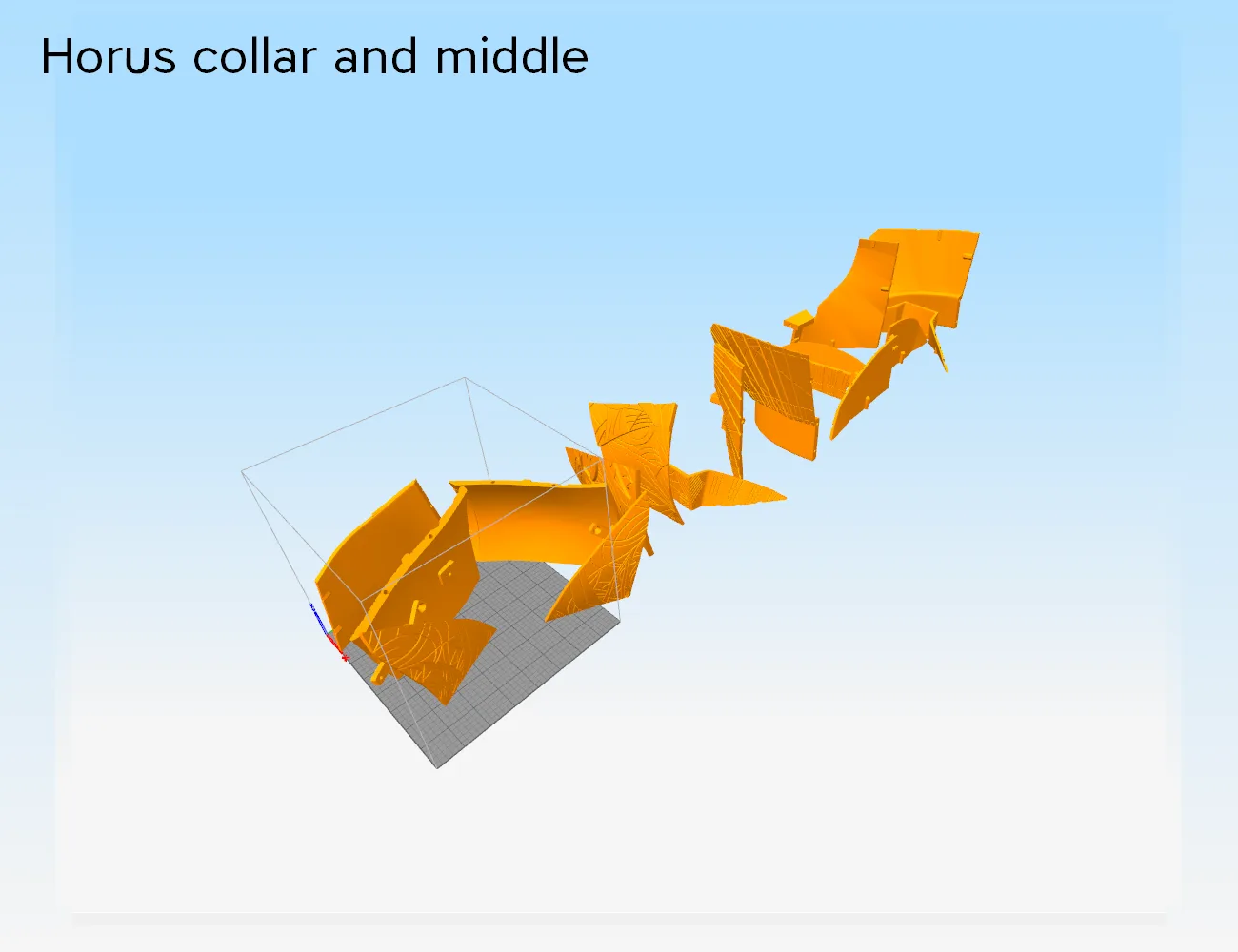 Color-coded parts breakdown of Horus Helmet STL, exploded view of collar and middle sections, 3D print cosplay prop