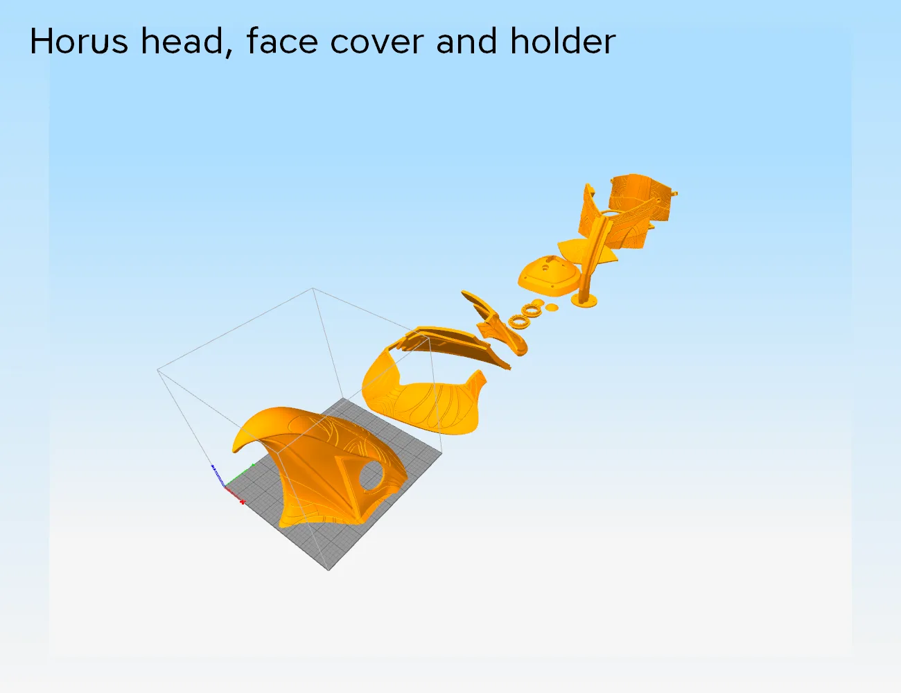 Exploded view of Horus Helmet STL, face cover and head holder, 3D print cosplay prop