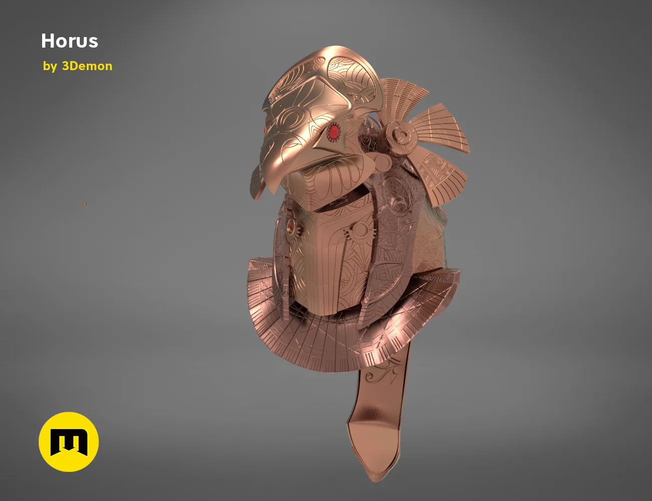 3D model render of Horus Helmet, detailed steampunk cosplay armor, 3D print prop