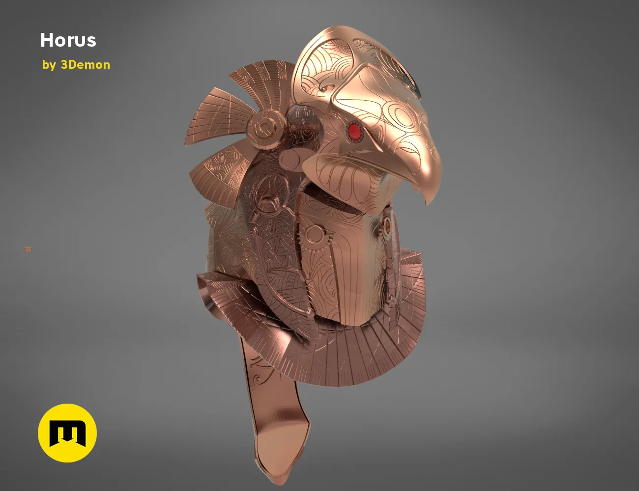 3D model render of Horus Helmet, detailed steampunk eagle cosplay prop, 3D print preview