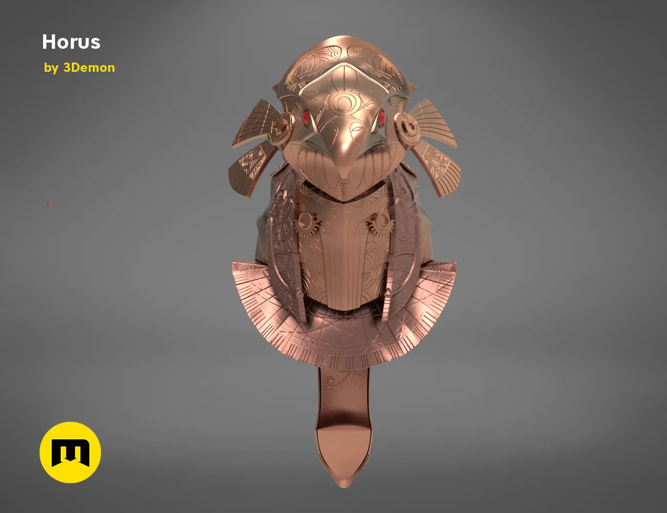 3D visualization of Horus Helmet STL, detailed Egyptian-inspired cosplay armor, front view