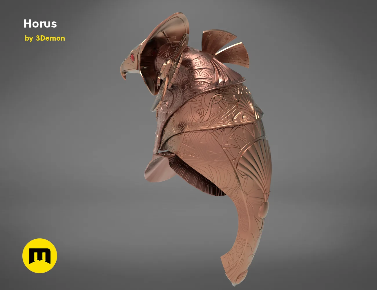 3D model render of Horus Helmet STL, detailed Egyptian-inspired cosplay armor, 3D print preview