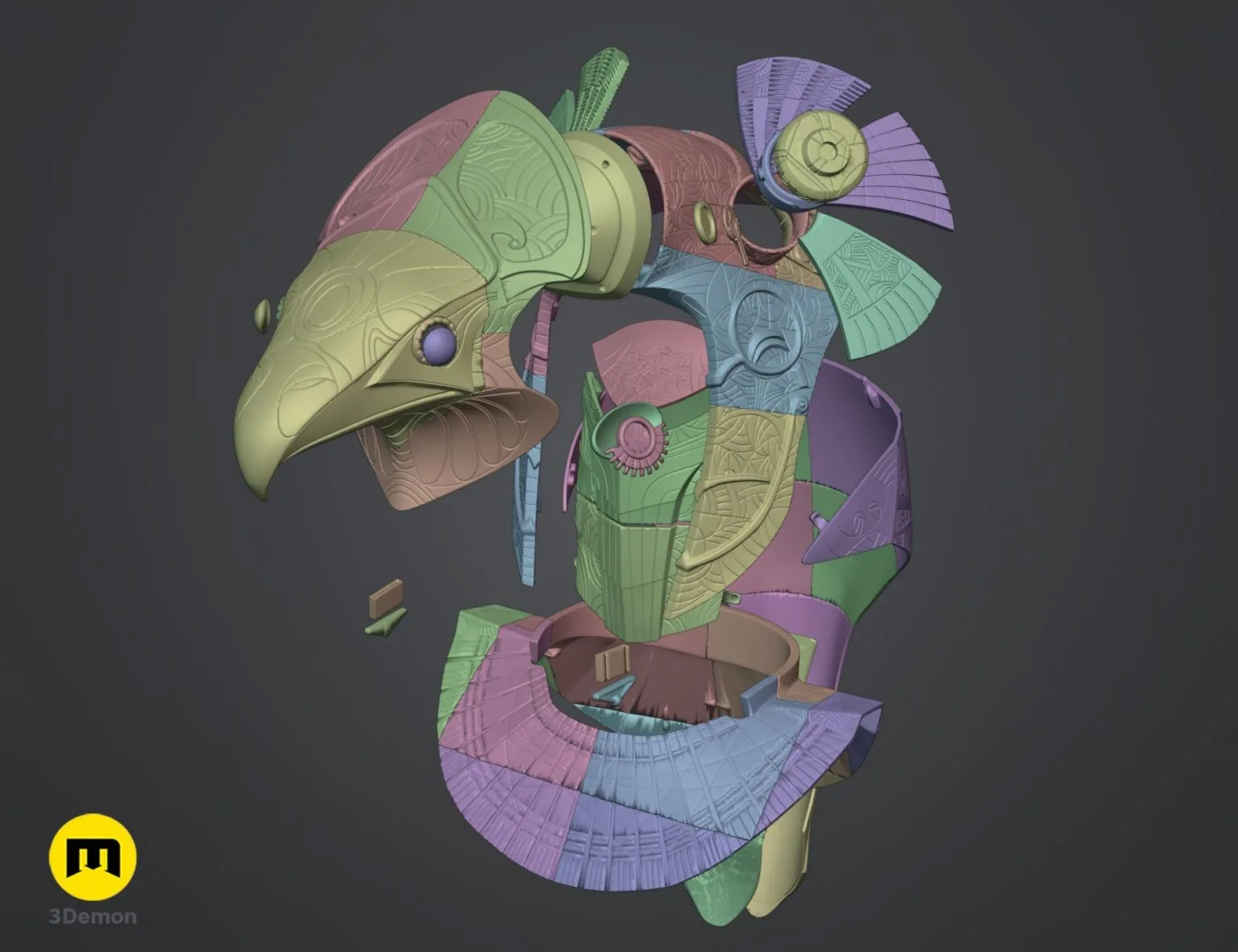 Color-coded parts breakdown of Horus Helmet STL, exploded view Egyptian cosplay armor 3D print