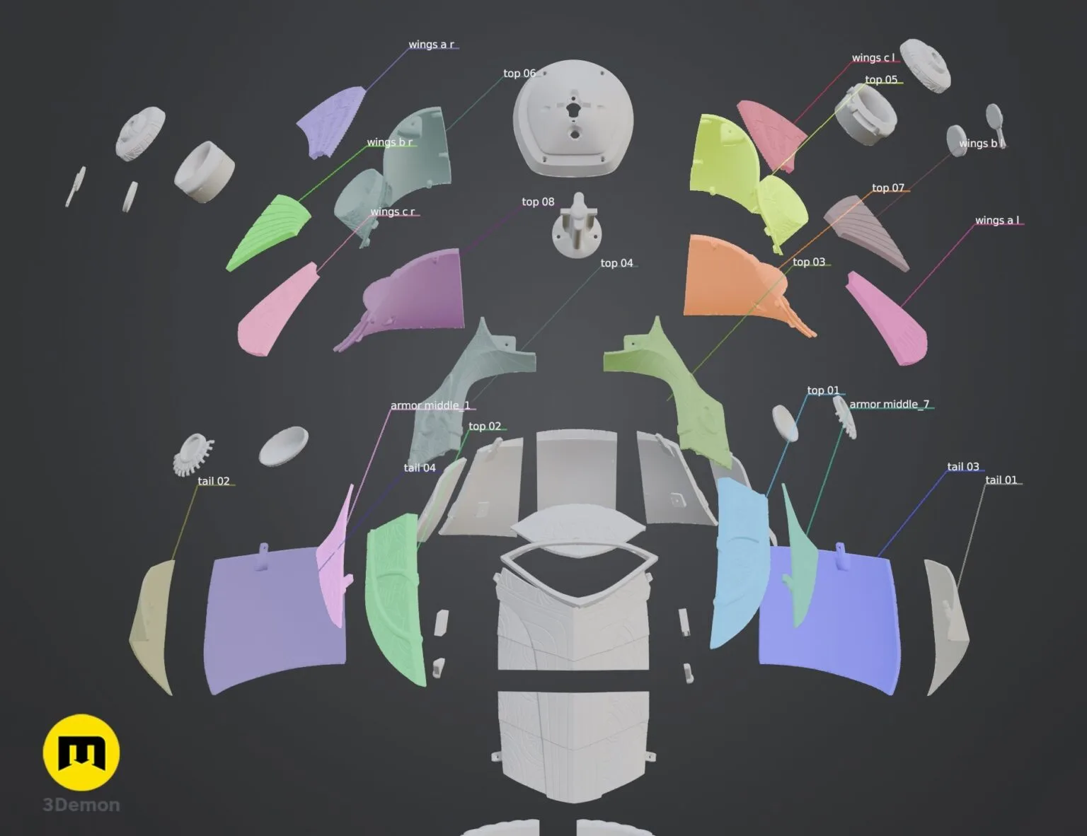 Color-coded parts breakdown of Horus Helmet STL, exploded view of armor and wings for 3D print cosplay prop