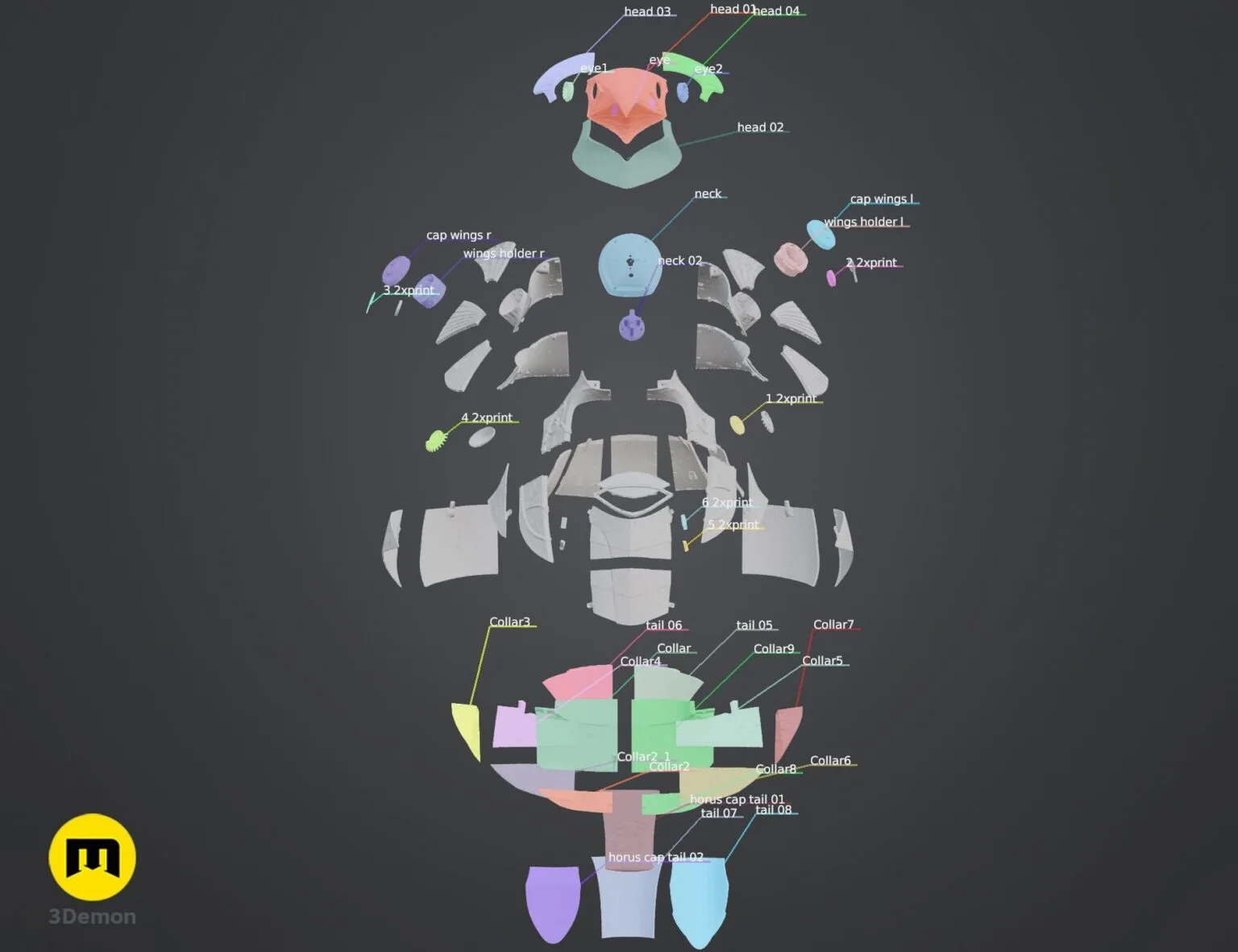 Color-coded parts breakdown of Horus Helmet STL, exploded view of Egyptian cosplay armor 3D print