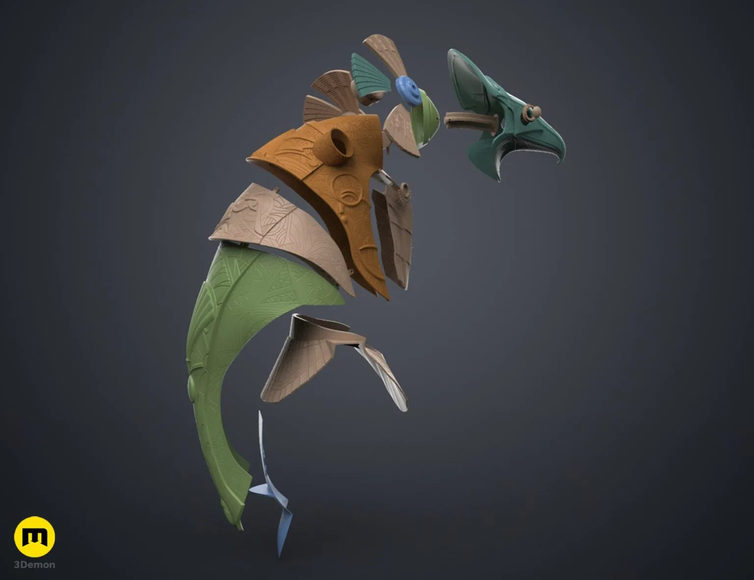 Exploded view of Horus Helmet STL, green and brown cosplay armor parts, 3D print assembly guide