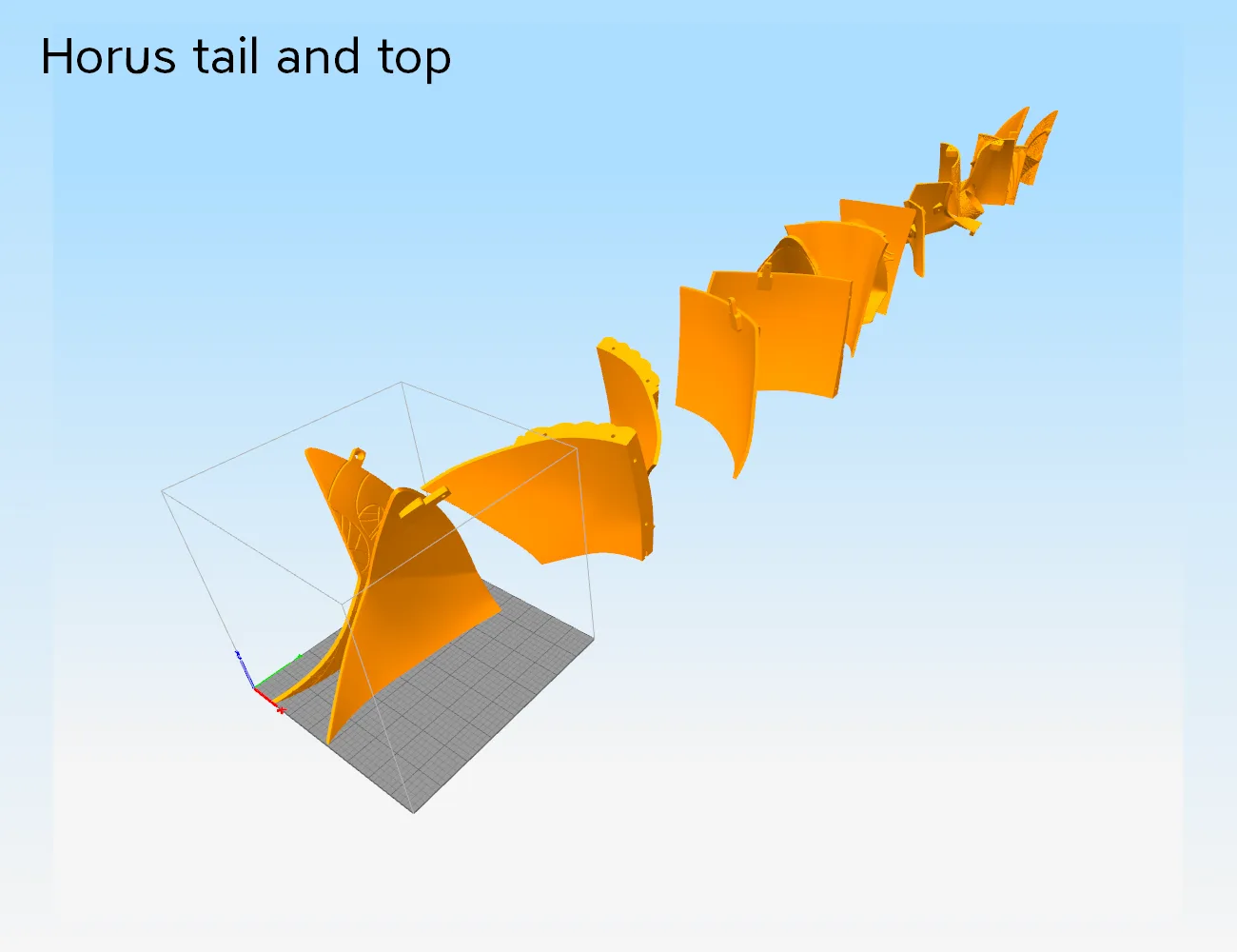 Exploded view of Horus Helmet STL, orange color-coded parts breakdown for 3D print cosplay armor