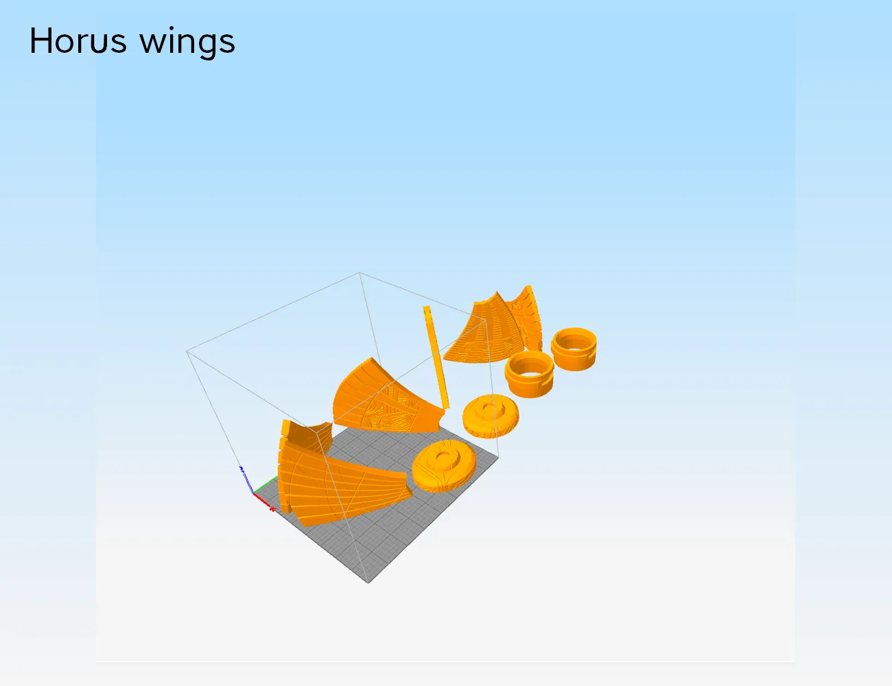 Color-coded parts breakdown of Horus Helmet STL, wing assembly guide for 3D print cosplay prop