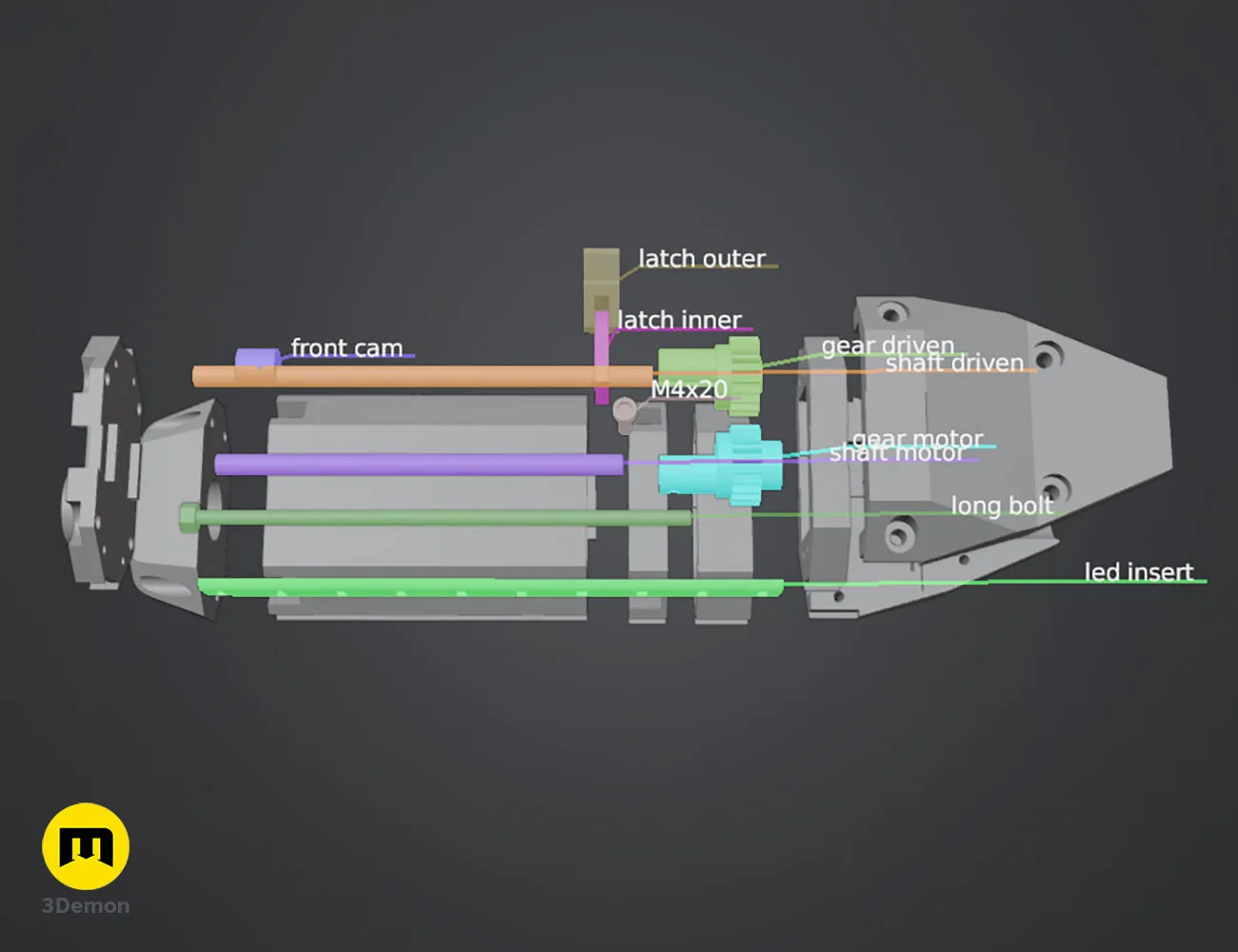 Exploded view of Ma'Tok Jaffa Staff, color-coded parts breakdown for 3D print assembly guide